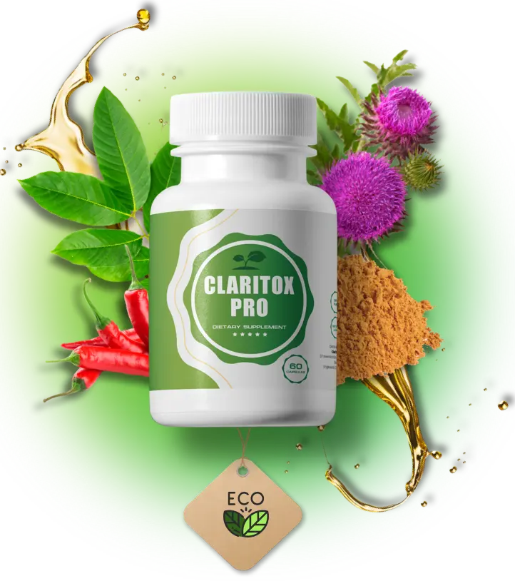 Claritox Pro dietary supplement bottle shown with botanical ingredients