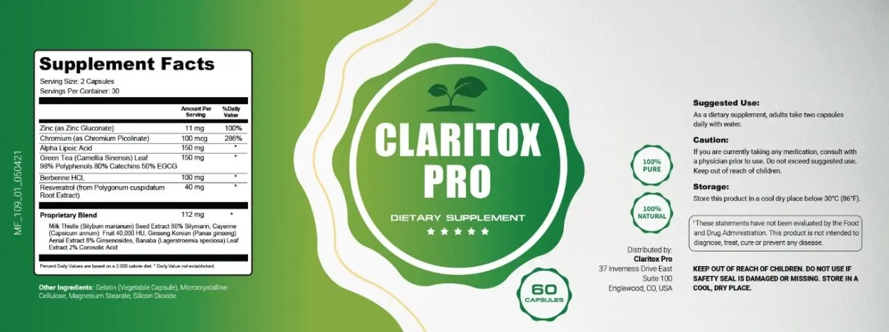 Claritox Pro Supplement Facts label showing a two-capsule serving